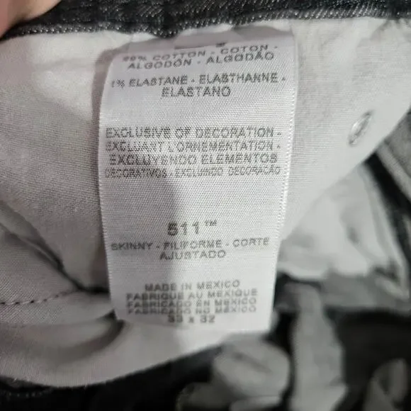 Levi’s 511 Black Slim Jeans 33x32 Mens Rear Zip Pockets - Picture 5 of 10